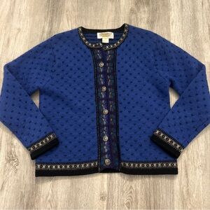 Tally Ho Blue and Black Retro
Floral Nordic Wool Cardigan